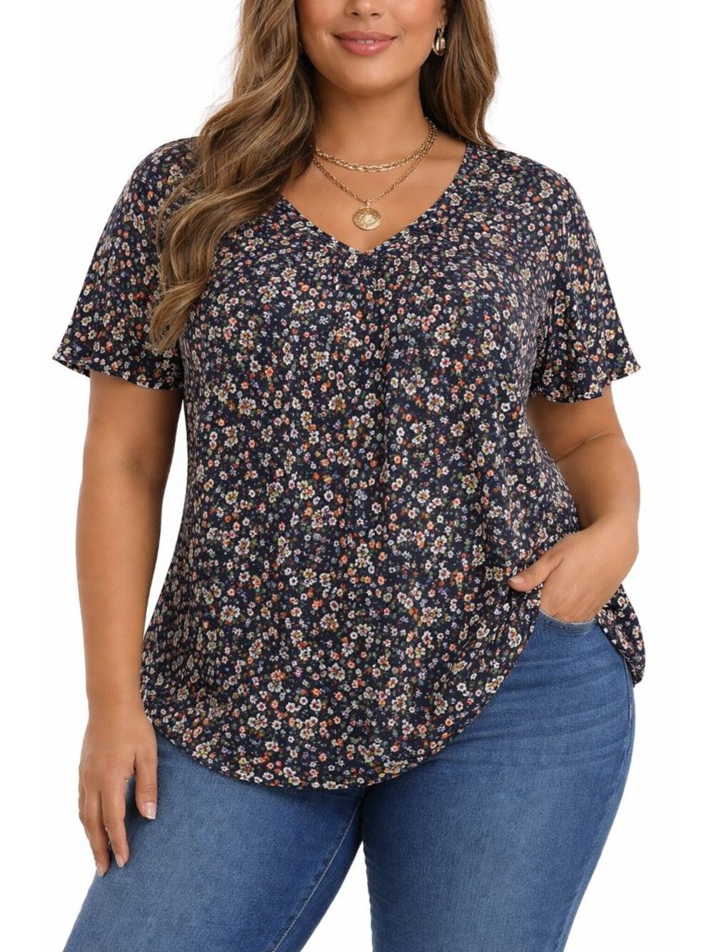Womens XL Floral Blouse Navy V Neck Flowy Short Sleeve Casual Top